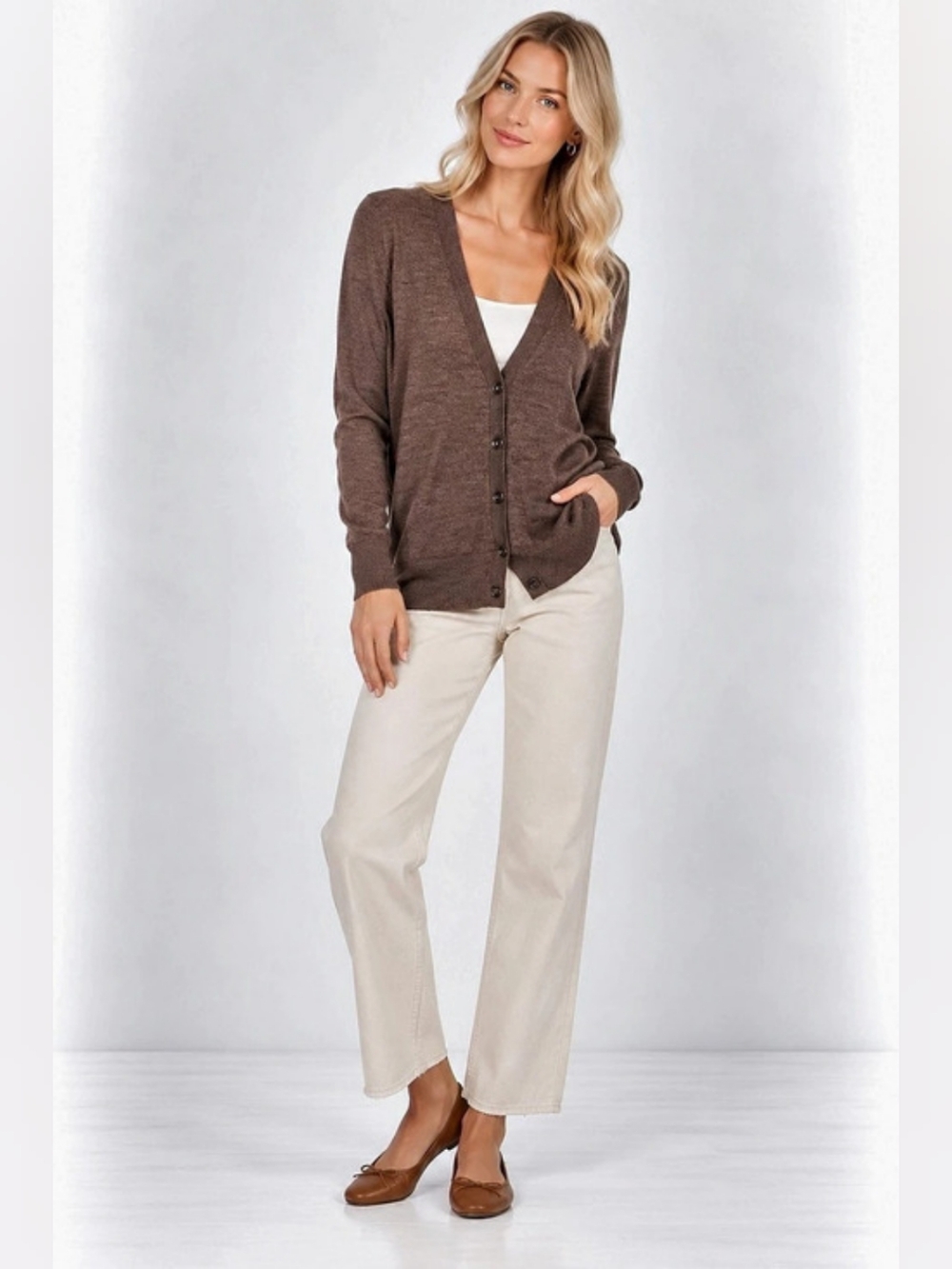 LOFT Size M Wool Blend Brown Cardigan
